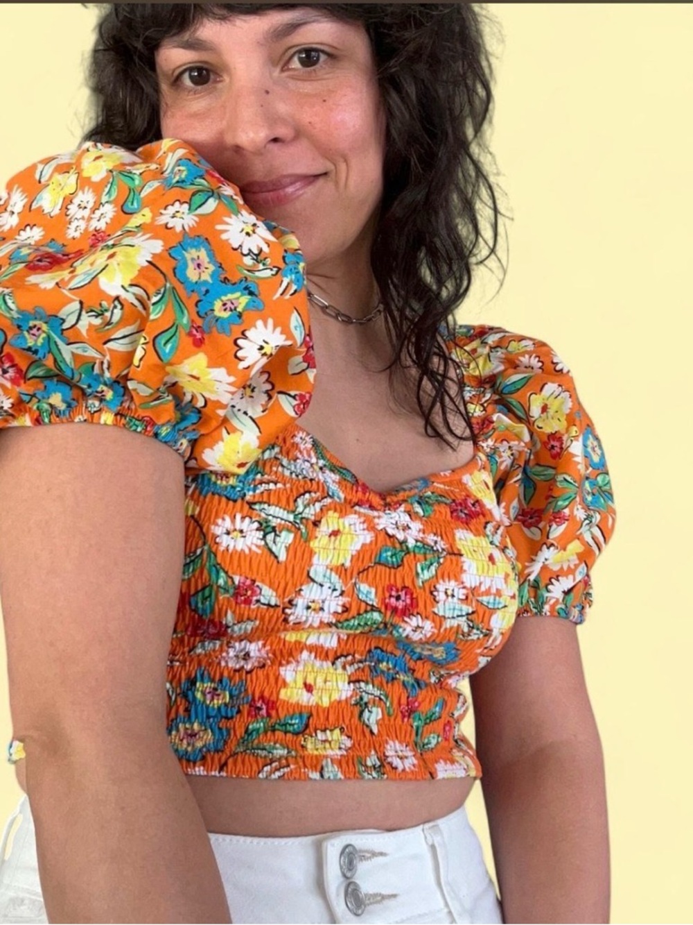 Zara Orange Floral Puff-Sleeve Smocked Crop Top